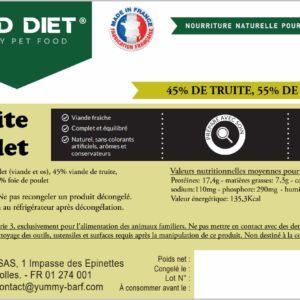 Menu complet équilibré tout prêt pour chat contenant du truite et du poulet